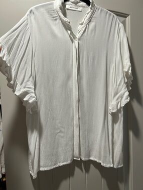 Promod White Ruffle Sleeve Button-Front Blouse